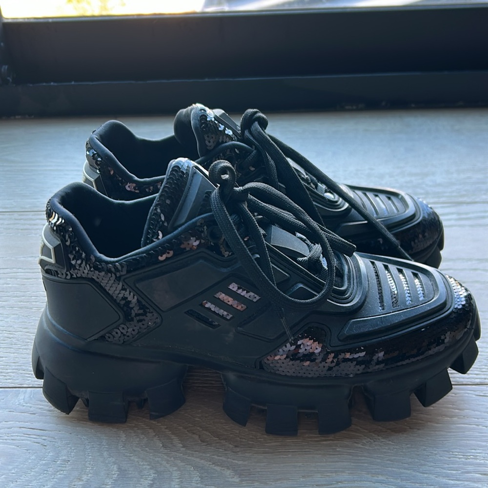 Prada Sequin Black Cloudbust Sneaker, Size 36.5